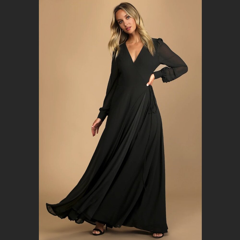 My Whole Heart Black Long Sleeve Wrap Dress Lulus XS